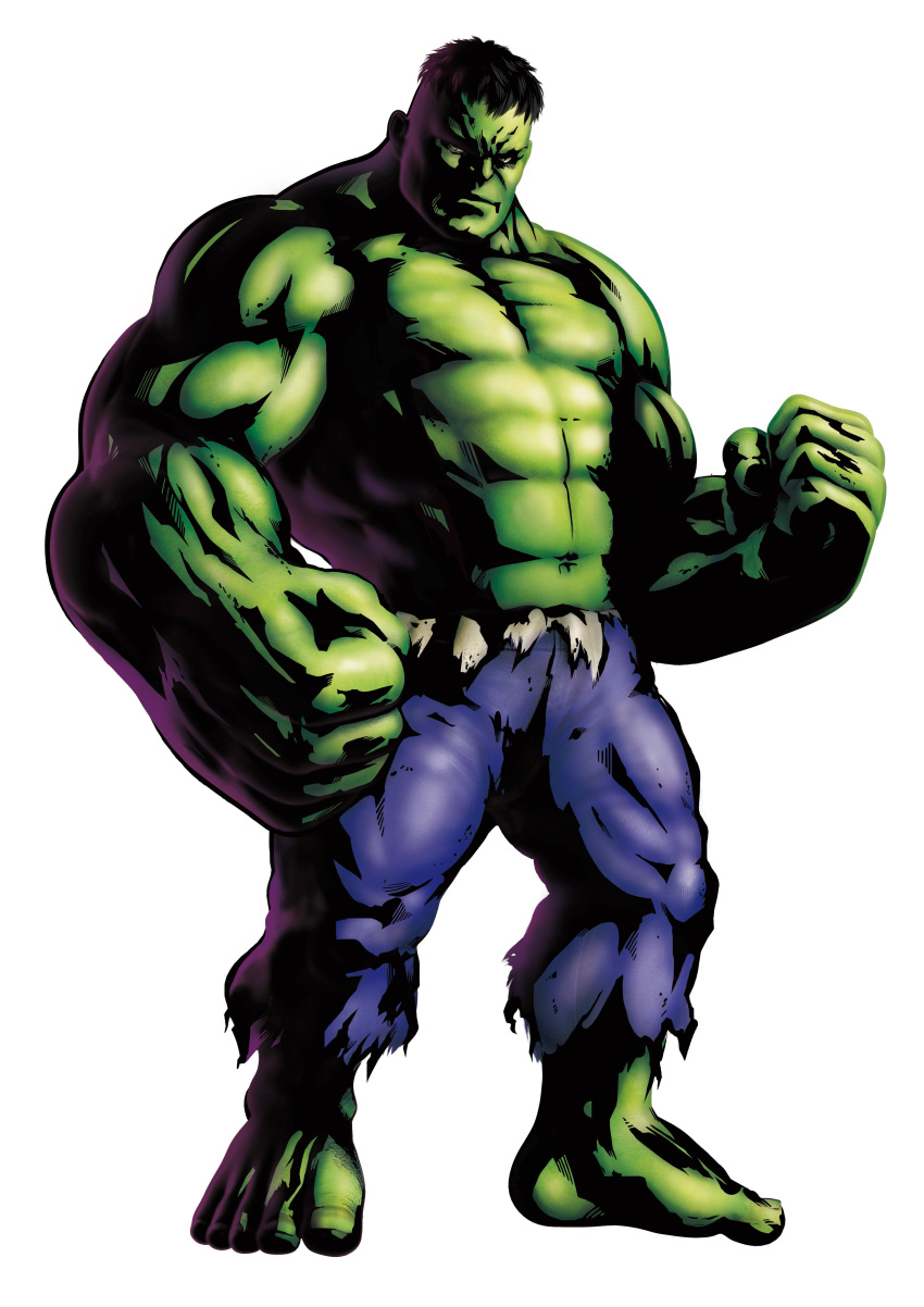 1boy 3d absurdres barefoot black_hair bruce_banner capcom green_eyes green_skin highres hulk male_focus marvel marvel_vs._capcom marvel_vs._capcom_3 mori_toshiaki muscle official_art solo torn_clothes