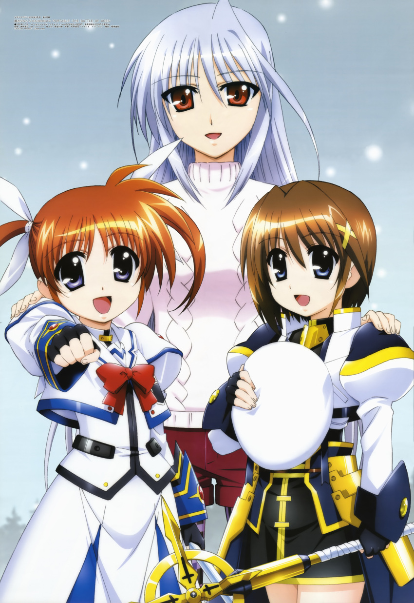 3girls absurdres beret blue_eyes blue_hair bow brown_eyes brown_hair clenched_hand fingerless_gloves gloves hair_ornament hair_ribbon hairclip hat highres long_hair lyrical_nanoha mahou_shoujo_lyrical_nanoha mahou_shoujo_lyrical_nanoha_a's mahou_shoujo_lyrical_nanoha_a's_portable:_the_battle_of_aces megami multiple_girls official_art okuda_yasuhiro open_mouth poster red_eyes reinforce ribbon schwertkreuz short_hair short_twintails silver_hair snow staff sweater takamachi_nanoha turtleneck twintails violet_eyes x_hair_ornament yagami_hayate