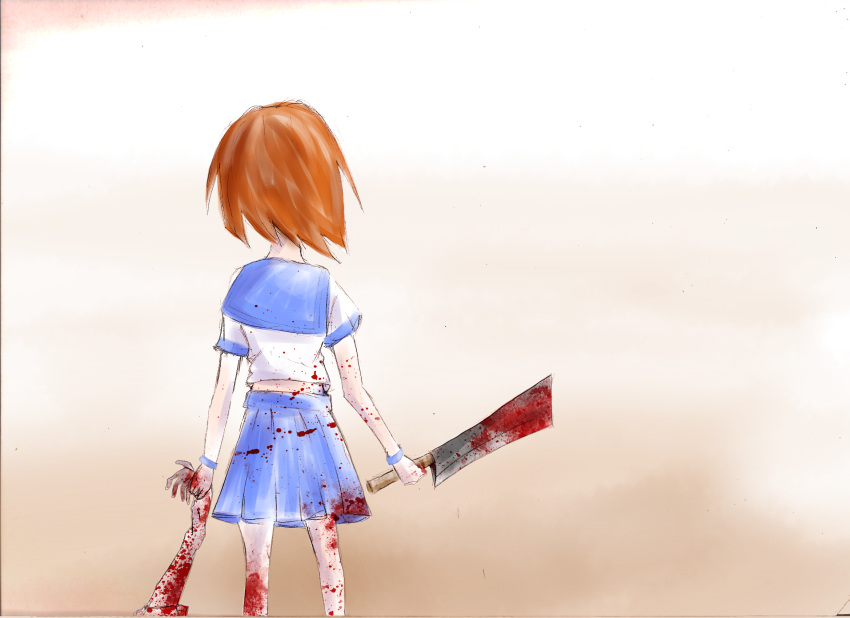 1boy 1girl blood corpse highres higurashi_no_naku_koro_ni maebara_keiichi murder orange_hair ryuuguu_rena school_uniform serafuku short_hair simple_background skirt tsukidokei