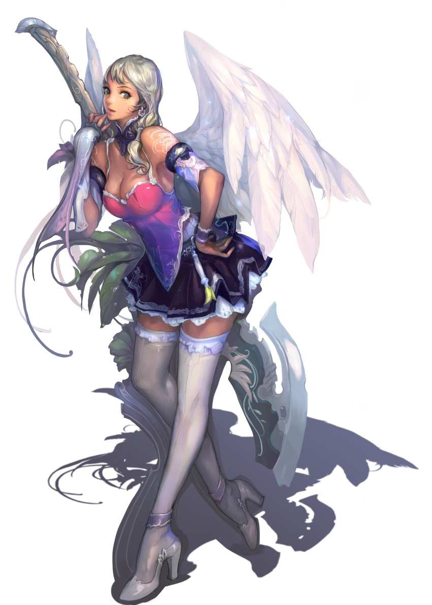 1girl absurdres aion angel_wings armor blonde_hair breasts cleavage earrings elyos hand_on_hip high_heels highres jewelry juno_jeong official_art polearm skirt solo thigh-highs weapon white_legwear wings
