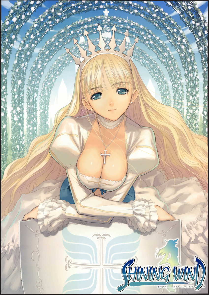 1girl absurdres blonde_hair blue_eyes breast_squeeze breasts clalaclan_philias cleavage cross crown earrings highres jewelry large_breasts long_hair necklace sega shield shining_(series) shining_wind solo tanaka_takayuki very_long_hair