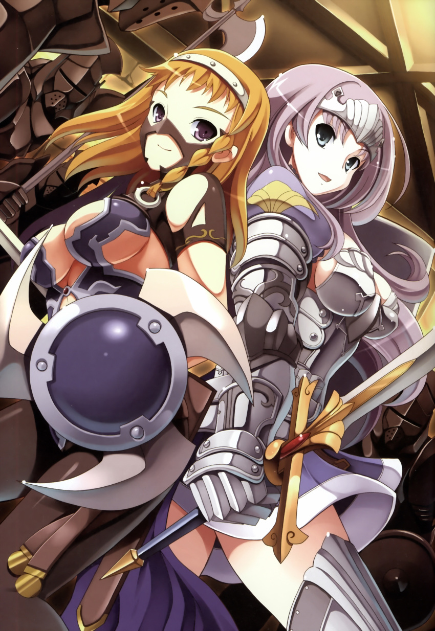 2girls absurdres annelotte armor armored_dress breasts highres large_breasts leina long_hair mask multiple_girls pants purple_hair queen's_blade queen's_blade_rebellion shield smile sword thigh-highs tiara tsurugi_hagane weapon