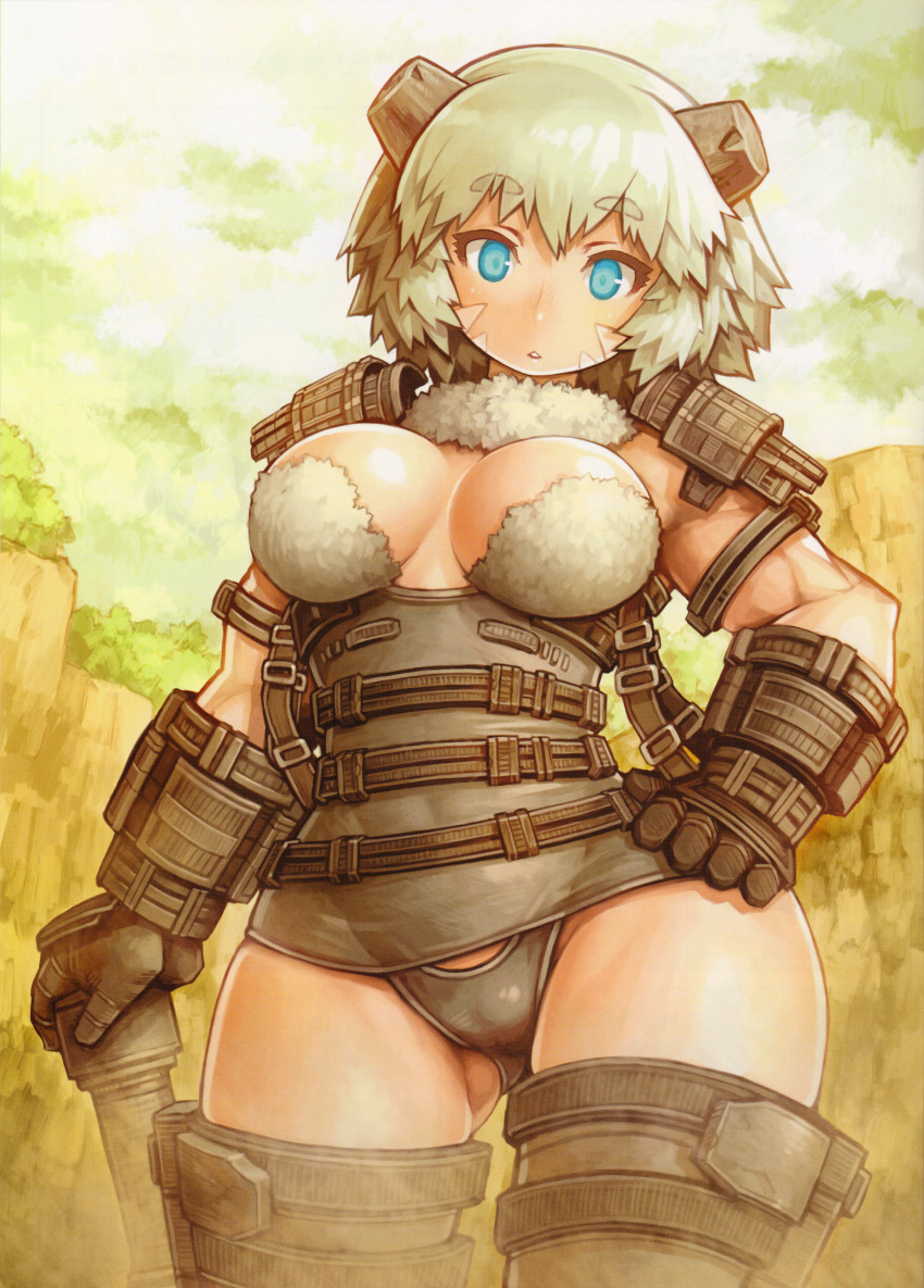 1girl absurdres armor blue_eyes breasts colossus curvy facial_mark fur giantess grey_hair highres hips horns muscle panties personification scan shadow_of_the_colossus shigatake short_hair solo underwear valus wide_hips