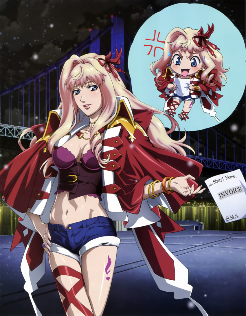 1girl absurdres anger_vein blonde_hair blue_eyes blush breasts bustier chibi cleavage cupping_glass denim denim_shorts dress earrings hand_on_hip highres jewelry macross macross_frontier macross_frontier:_itsuwari_no_utahime marufuji_hirotaka midriff navel official_art open_mouth parted_lips ribbon scan sheryl_nome shiny shiny_skin shorts skindentation thigh_ribbon