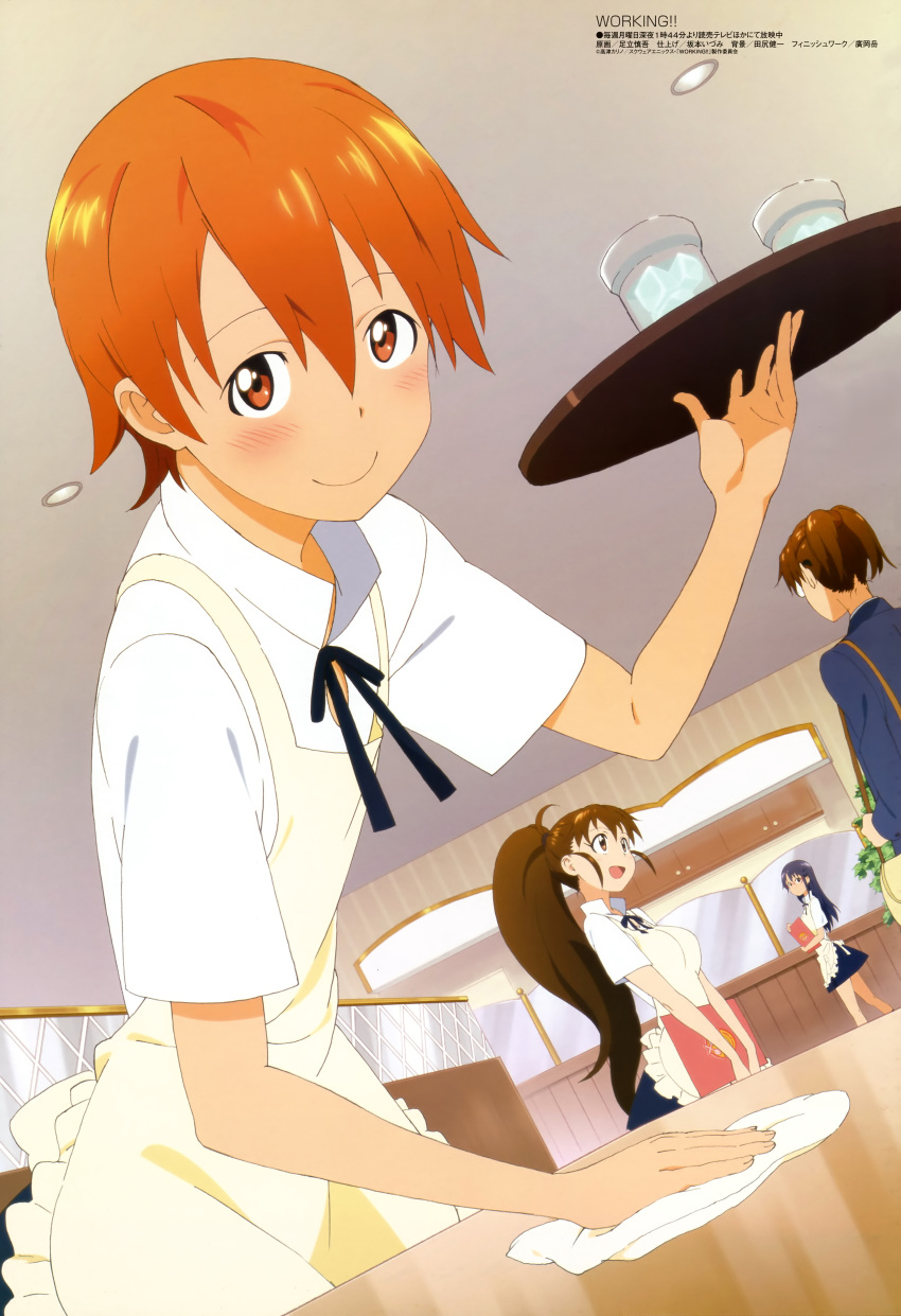 4girls :d absurdres adachi_shingo apron blush brown_eyes brown_hair dutch_angle highres inami_mahiru long_hair matsumoto_maya megami multiple_girls official_art open_mouth orange_eyes orange_hair ponytail scan short_hair sidelocks smile takanashi_kazue taneshima_popura tray waitress working!!