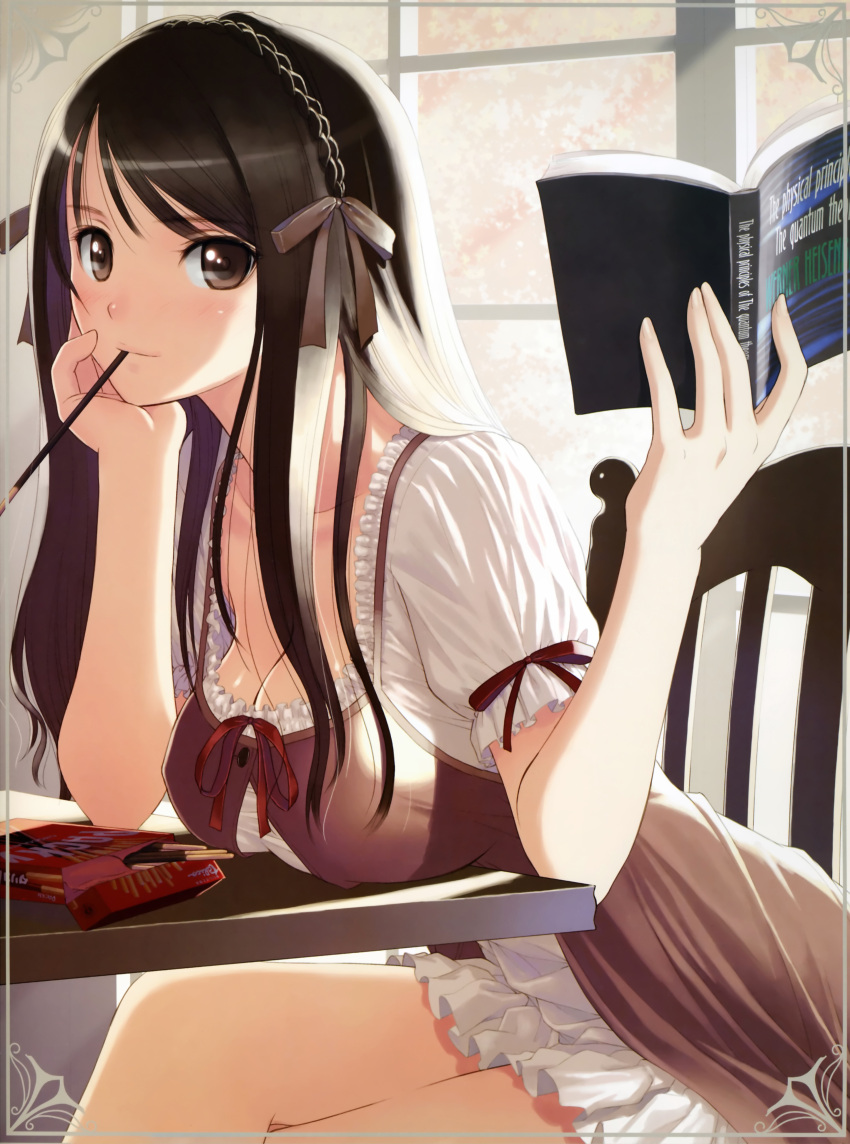 1girl absurdres book breast_rest breasts brown_eyes brown_hair chair chin_rest cleavage copyright_request dress english frame frills gathers hair_ribbon hairband hands highres holding large_breasts leaning_forward legs legs_crossed light_smile looking_at_viewer mouth_hold pocky ribbon sitting smile solo studying table tanaka_takayuki window