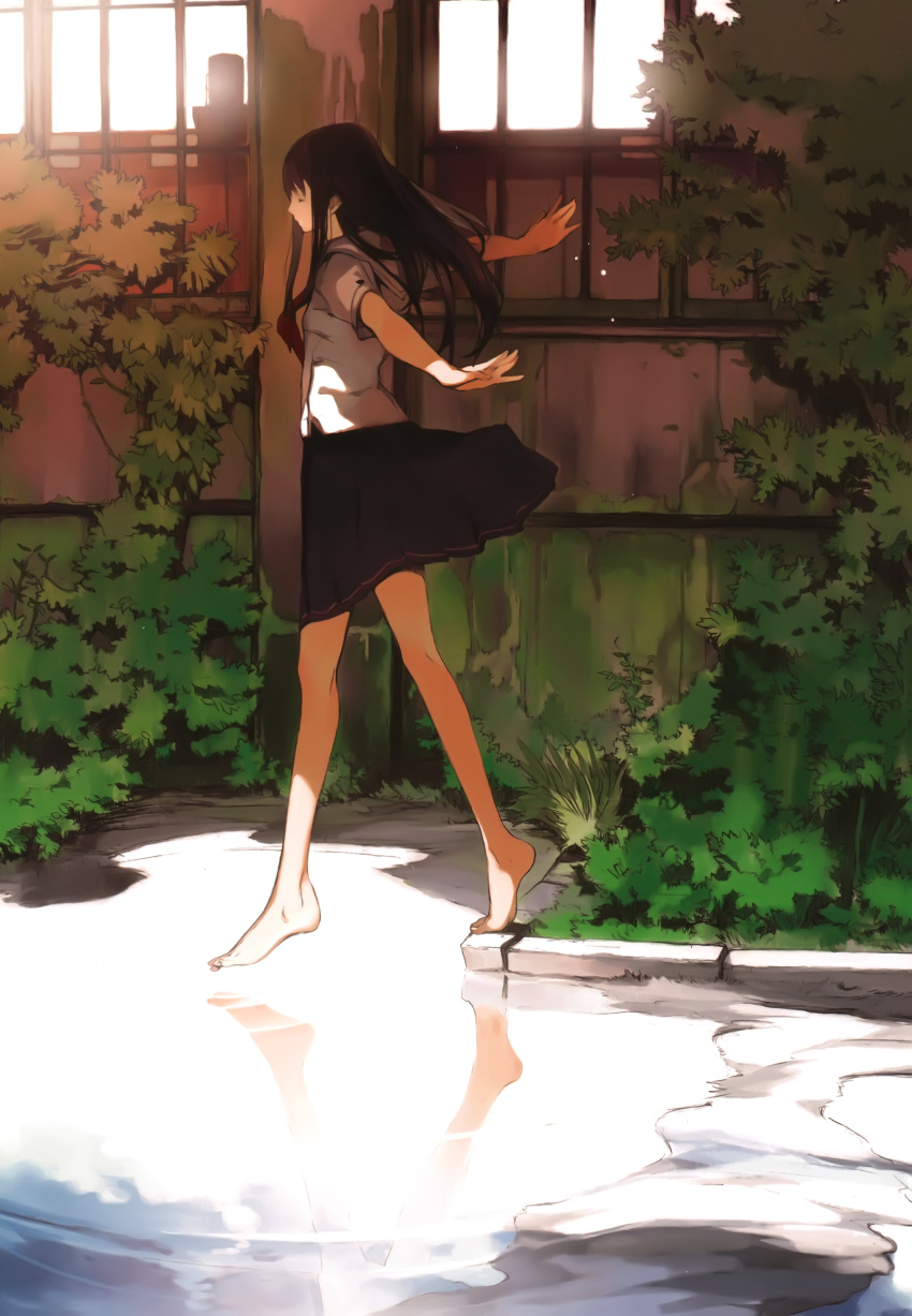 1girl absurdres barefoot brown_hair bush closed_eyes feet grass highres houden_eizou legs long_hair original outstretched_arms puddle reflection school_uniform serafuku skirt smile solo spread_arms tiptoes water