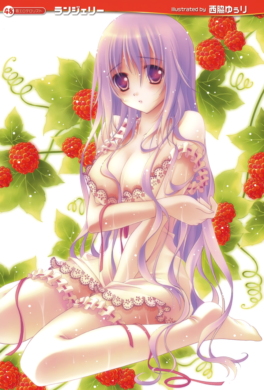 absurdres breasts cleavage highres kneeling large_breasts long_hair nishiwaki_yuuri purple_hair thigh-highs violet_eyes