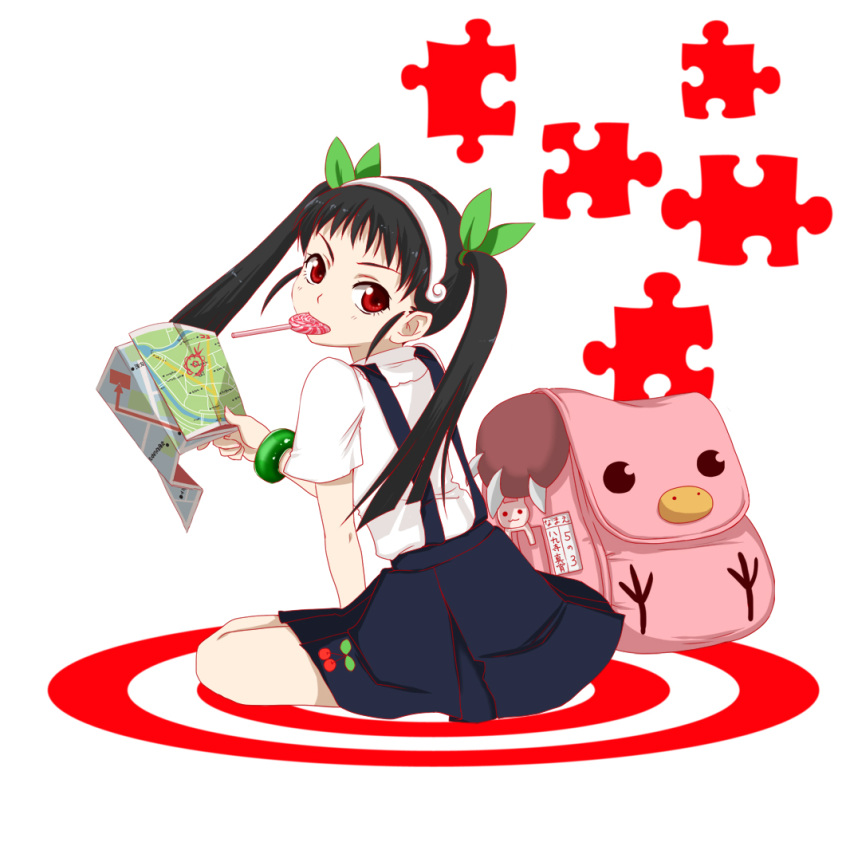 backpack bag bakemonogatari black_hair candy dress fang footwear hachikuji_mayoi map mishiyomi_kazumi monogatari_(series) randoseru red_eyes ribbon socks twintails