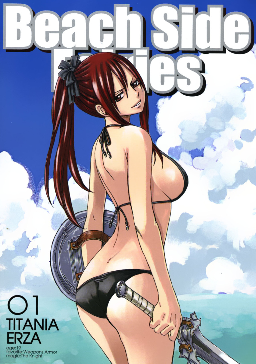 1girl bikini breasts clouds erza_scarlet fairy_tail highres jpeg_artifacts large_breasts mashima_hiro red_eyes redhead shield sideboob solo swimsuit sword weapon