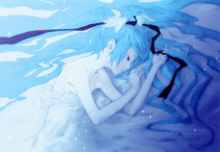1girl absurdres bare_shoulders blue_hair female hatsune_miku highres last_night_good_night_(vocaloid) long_hair lying redjuice scan sleeping solo vocaloid