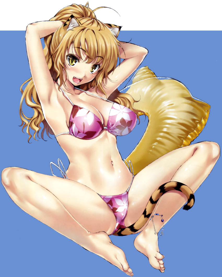 1girl absurdres adjusting_hair animal_ears anklet armpits arms_behind_head arms_up barefoot bikini blonde_hair breasts cat_ears cat_tail fangs feet floral_print highres innertube jewelry kure_masahiro large_breasts legs original print_bikini simple_background slit_pupils solo spread_legs swimsuit tail thighs tiger_ears tiger_tail toes yellow_eyes