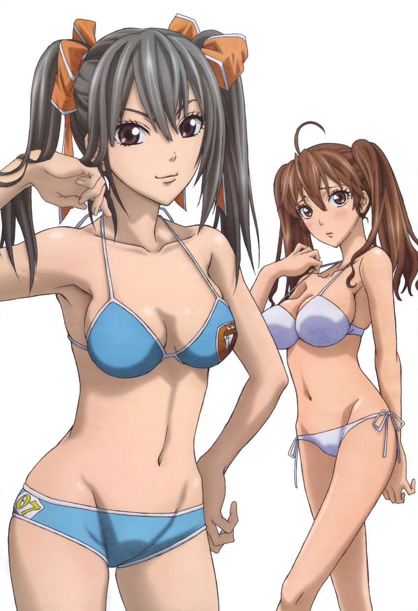 2girls absurdres ahoge alicia_melchiott armpits bikini blush breasts brown_eyes brown_hair edy_nelson grey_hair groin hair_ribbon highres large_breasts long_hair mound_of_venus multiple_girls navel nyantype ribbon senjou_no_valkyria senjou_no_valkyria_1 side-tie_bikini swimsuit twintails watanabe_atsuko