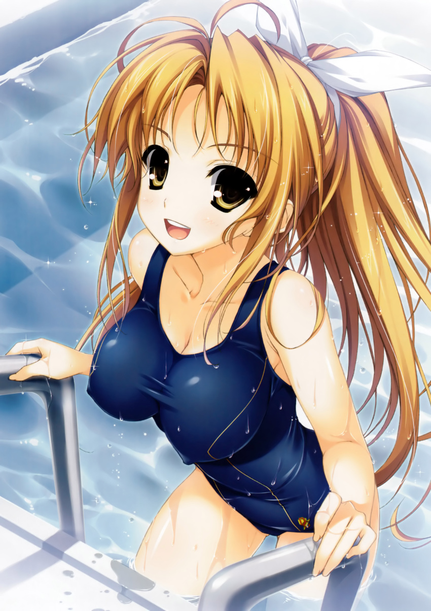 1girl :d absurdres artist_request bare_shoulders blonde_hair bow breasts brown_eyes brown_hair cleavage collarbone competition_swimsuit erect_nipples hair_bow highres large_breasts long_hair one-piece_swimsuit open_mouth ponytail pool pool_ladder ribbon smile solo swimsuit water wet yellow_eyes yuuki_hagure