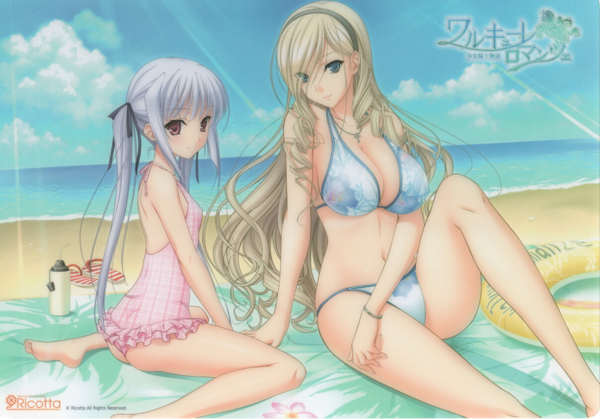 2girls arm_support back bangs bare_legs bare_shoulders barefoot beach bikini blonde_hair blue_bikini blue_eyes blue_sky blue_swimsuit bracelet breasts casual_one-piece_swimsuit celia_kumani_entory cleavage clouds collarbone copyright_name cross drill_hair ears eyes_visible_through_hair feet female floral_print frilled_swimsuit frills hair_over_one_eye hair_ribbon hairband halterneck hands head_tilt hips innertube jewelry knees komori_kei large_breasts lavender_hair legs light_rays lisa_eostre long_hair looking_at_viewer looking_back midriff multiple_girls navel necklace ocean official_art one-piece_swimsuit outdoors pendant pink_swimsuit plaid purple_hair ribbon ricotta sand see-through sitting skinny sky smile soles sunbeam sunlight swimsuit text thighs toes twintails very_long_hair violet_eyes walkure_romanze wallpaper wariza water wavy_hair