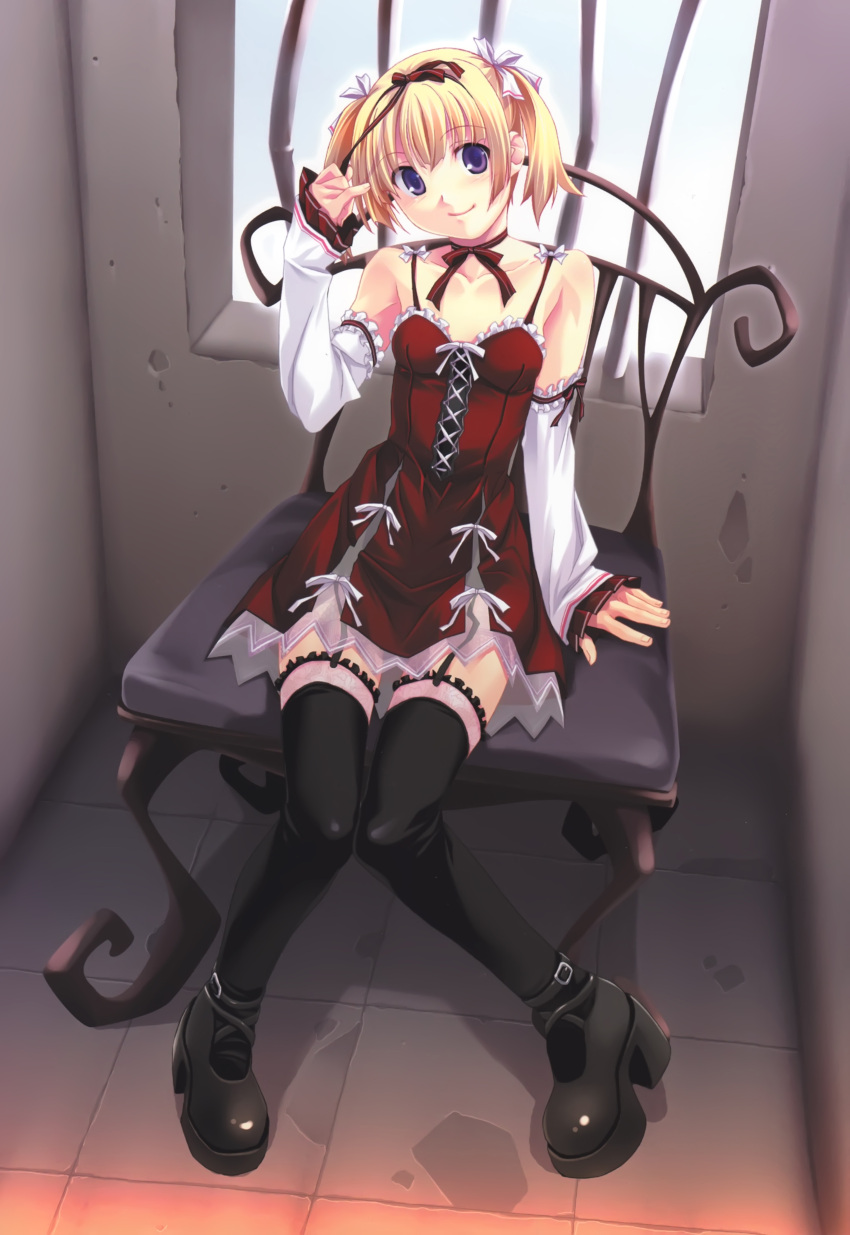 1girl absurdres blonde_hair chair female full_body highres indoors kuuchuu_yousai solo thigh-highs twintails