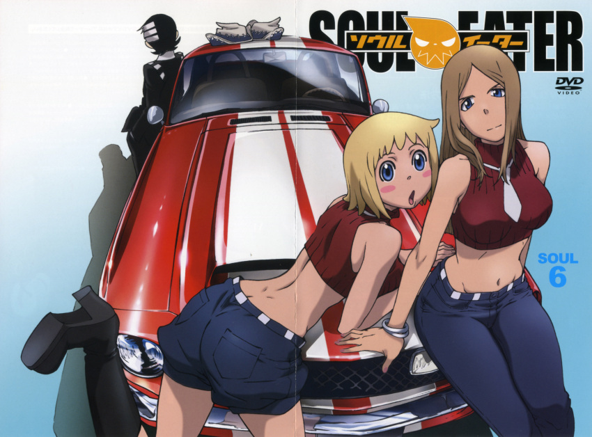 1boy 2girls absurdres ass bare_shoulders black_hair blonde_hair blue_eyes brown_hair car crease death_the_kid dimples_of_venus elizabeth_thompson ford ford_mustang groin ground_vehicle gt_350 hat highres hips long_hair midriff motor_vehicle mound_of_venus multiple_girls necktie official_art patricia_thompson scan shelby short_hair sleeveless sleeveless_turtleneck soul_eater turtleneck vehicle wide_hips