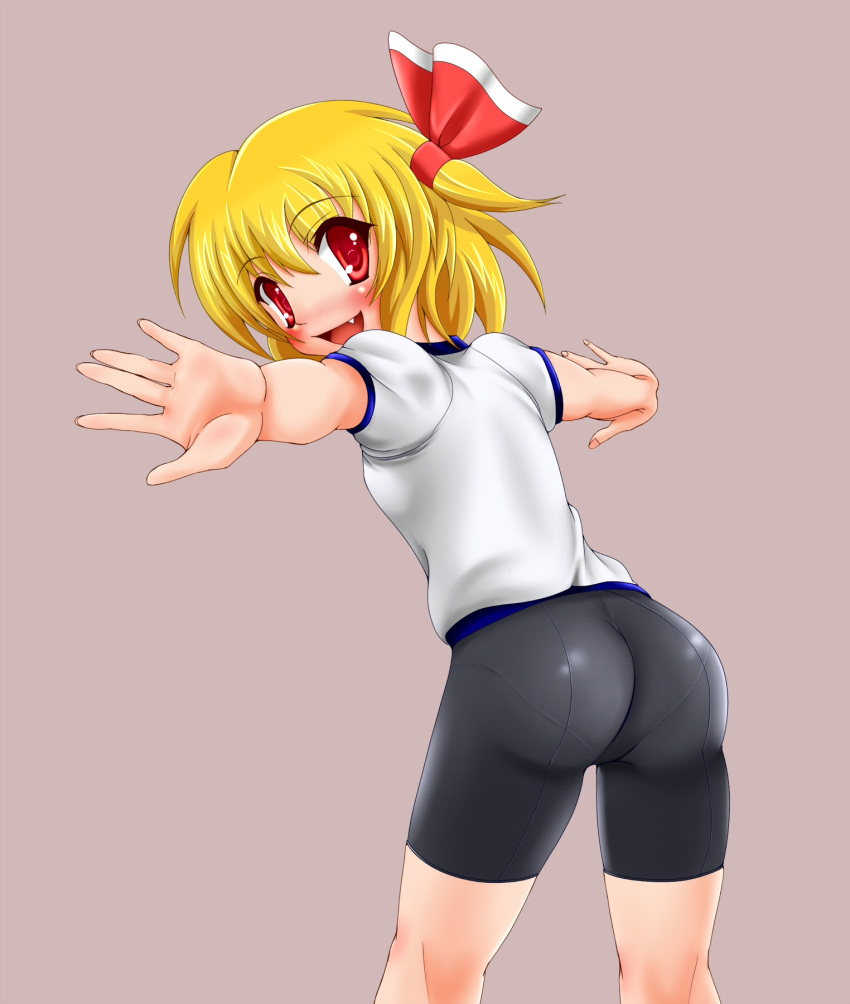 1girl alternate_costume ass bad_id bike_shorts blonde_hair blush breasts fang female from_behind gym_uniform highres looking_back pantylines red_eyes ribbon rumia short_hair shorts small_breasts solo tera_hiroshi the_embodiment_of_scarlet_devil touhou youkai