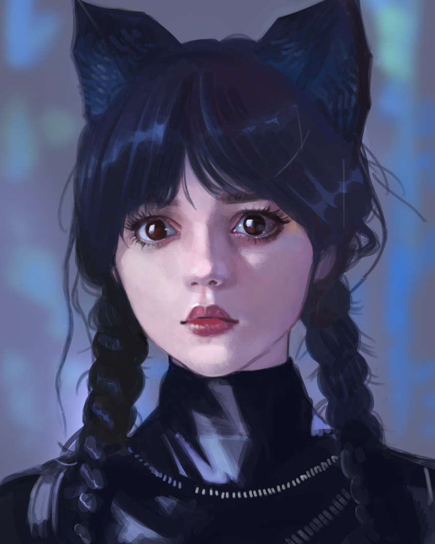 1girl addams_family animal_ears bangs black_hair braid brown_eyes cat_ears fake_animal_ears highres little_thunder long_hair looking_at_viewer multicolored_background portrait red_lips shiny shiny_hair solo twin_braids twintails wednesday_(netflix) wednesday_addams