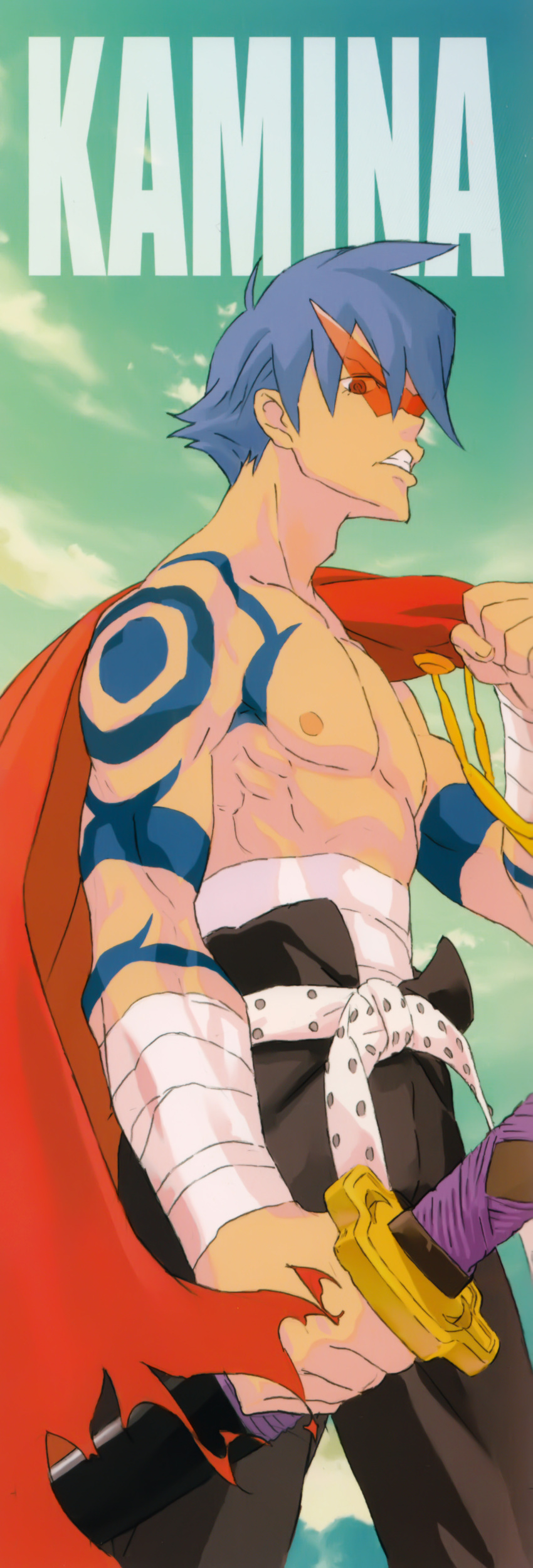 1boy absurdres bandage belt blue_hair cape character_name highres kamina kamina_shades long_image male_focus manly muscle official_art red_eyes sarashi shirtless solo sunglasses sushio sword tall_image tattoo tengen_toppa_gurren_lagann weapon