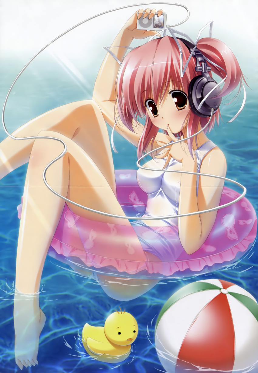 1girl absurdres afloat ball barefoot beachball blush brown_eyes digital_media_player feet feet_in_water finger_to_mouth float hair_ribbon headphones highres innertube ipod katase_naru legs minna_no_uta minna_no_uta_~everyone's_song~ music musical_note one-piece_swimsuit partially_submerged pink_hair pool product_placement ribbon rubber_duck sakaki_maki school_swimsuit see-through short_hair short_twintails soaking_feet solo sunlight swimsuit twintails water white_swimsuit