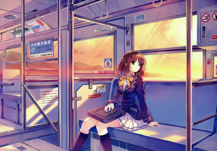 1girl abhar absurdres black_legwear brown_eyes brown_hair bus bus_interior ground_vehicle highres kneehighs misaki_kurehito motor_vehicle pleated_skirt sasaki_kaori school_uniform short_hair sitting skirt socks solo sunset ushinawareta_mirai_wo_motomete vehicle