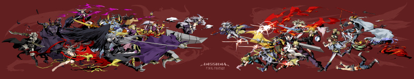 5girls 6+boys absurdres alternate_color alternate_form armor axe bow_(weapon) buster_sword butz_klauser cecil_harvey cefca_palazzo chaos_(dff) cloud_of_darkness cloud_strife cosmos_(dff) crossover dissidia_final_fantasy dual_wielding emperor_(ff2) everyone exdeath final_fantasy final_fantasy_i final_fantasy_ii final_fantasy_iii final_fantasy_iv final_fantasy_ix final_fantasy_v final_fantasy_vi final_fantasy_vii final_fantasy_viii final_fantasy_x final_fantasy_xi final_fantasy_xii frioniel full_armor gabranth gabranth_(ff12) gabranth_(final_fantasy) garland_(ff1) golbeza gunblade highres jecht knife kuja kurosuema long_image mace magic multiple_boys multiple_girls onion_knight pantyhose polearm sephiroth shantotto silhouette spear squall_leonhart staff sword tidus tina_branford tripping ultimecia vaan vs warrior_of_light weapon wide_image zidane_tribal
