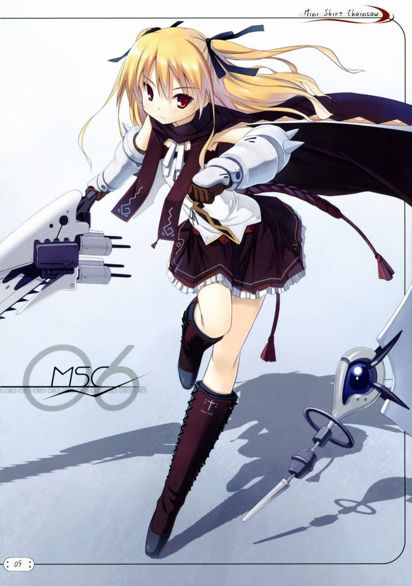 1girl absurdres blonde_hair boots cape chainsaw frown gauntlets gloves hair_ribbon highres knee_boots legs long_hair miniskirt original poco_(asahi_age) red_eyes ribbon running skirt solo twintails