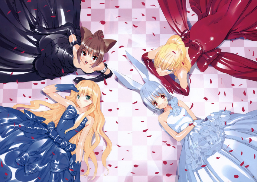 4girls absurdres alice_(wonderland) alice_in_wonderland animal_ears blonde_hair blue_eyes blue_hair bow cat_ears checkered checkered_floor cheshire_cat dress elbow_gloves gloves green_eyes hand_on_own_head highres long_hair lying march_hare multiple_girls on_back on_side on_stomach one_eye_closed petals queen_of_hearts rabbit_ears red_eyes shiny shiny_clothes short_hair ueda_ryou very_long_hair wink