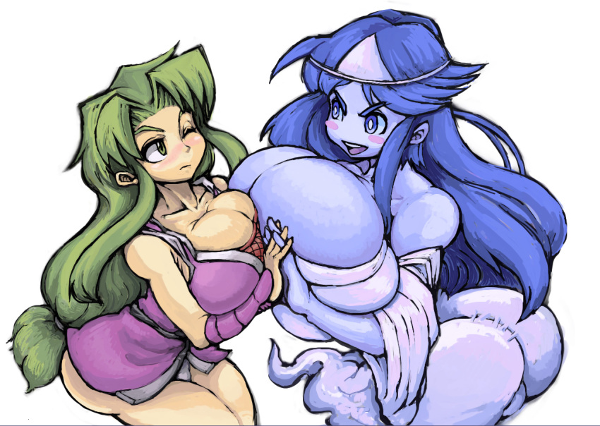 &gt;:d 2girls :d arm_guards ass asymmetrical_docking bangs bare_shoulders battle blue_eyes blue_hair blue_skin blush blush_stickers breast_press breasts bursting_breasts cleavage collarbone curvy eye_contact fishnets flipped_hair from_side ganbare_goemon ghost ghost_woman_(ganbare_goemon) gigantic_breasts green_eyes green_hair hair_tie hand_holding hitaikakushi huge_ass huge_breasts impossible_clothes interlocked_fingers japanese_clothes kimono leaning_forward long_hair long_sleeves looking_at_another low-tied_long_hair monster_girl multiple_girls ninja nose_blush off_shoulder one_eye_closed onna_yuurei open_mouth panties pantyshot parted_bangs ponytail sash short_kimono sidelocks simple_background sleeveless smile teruki thick_thighs tied_hair triangular_headpiece underwear very_long_hair white_background white_panties wide_sleeves wince wink yae yae_(ganbare_goemon)