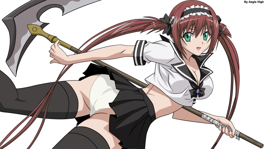 1girl absurdres airi_(queen's_blade) breasts cleavage green_eyes highres long_hair midriff panties pantyshot queen's_blade redhead school_uniform scythe serafuku solo thigh-highs transparent_background twintails underwear upskirt vector_trace
