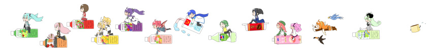 3boys 6+girls absurdres ahoge aqua_hair bat_wings bird black_hair blonde_hair blue_hair bottle brown_hair chibi closed_eyes detached_sleeves drill_hair drink flying fuuga_koto green_eyes green_hair hair_ornament hairband hairclip haruka_nana hat hatsune_miku highres juice kagamine_len kagamine_rin kaito kamui_gakupo kasane_teto long_hair long_image macloid macne_nana mcdonald's megurine_luka meiko mochi-mon momone_momo multiple_boys multiple_girls necktie orange_hair pepsi pird poppippoo_(vocaloid) redhead riding scarf short_hair simple_background sitting skirt smile sonika takoluka twintails utau vocaloid wide_image wings yokune_ruko