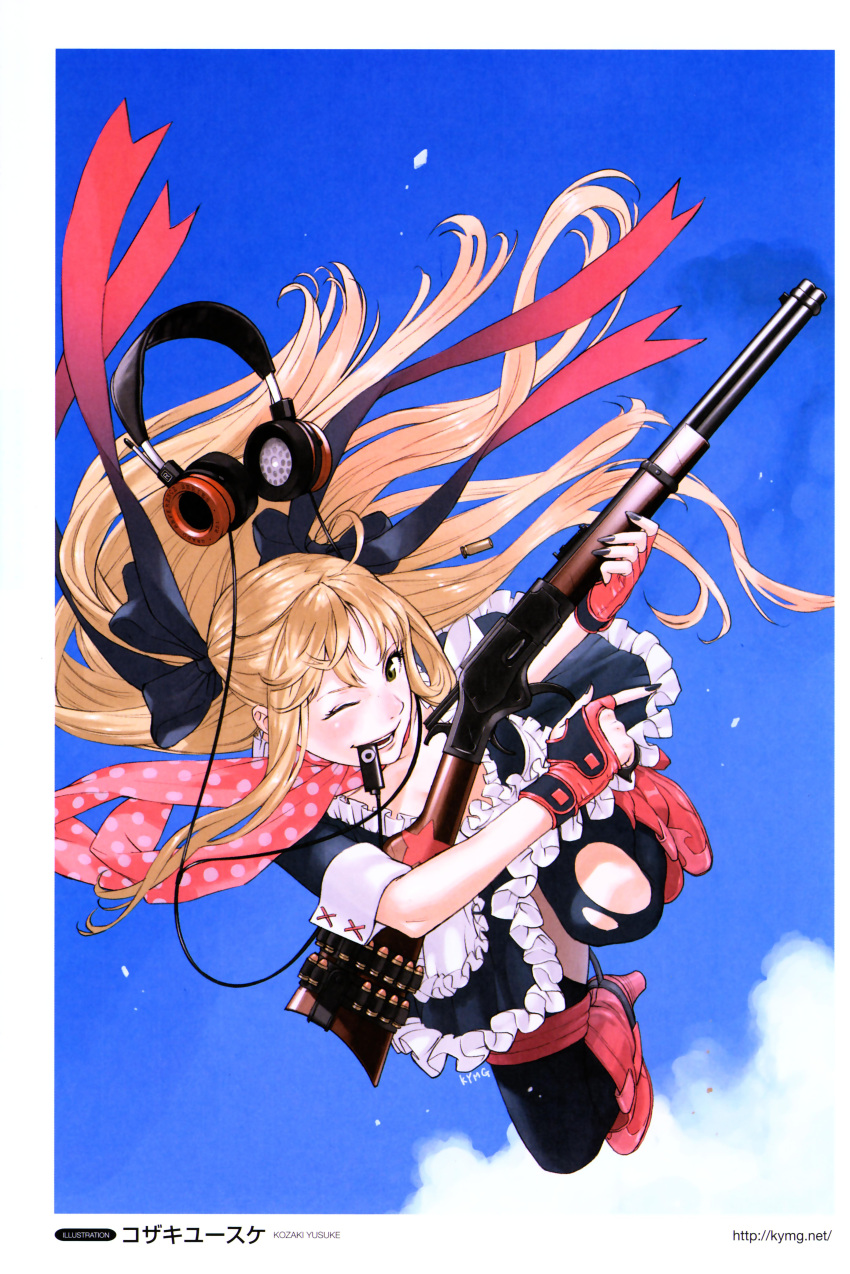 1girl absurdres black_nails boots bow brown_hair bullet cartridge casing_ejection digital_media_player fingerless_gloves fingernails frills gloves grado_labs green_eyes gun hair_bow headphones headphones_removed highres ipod knee_boots kozaki_yuusuke lever_action long_hair maid mouth_hold nail_polish one_eye_closed original ribbon rifle scarf shell_casing solo thigh-highs torn_clothes torn_thighhighs weapon winchester_model_1894 wink