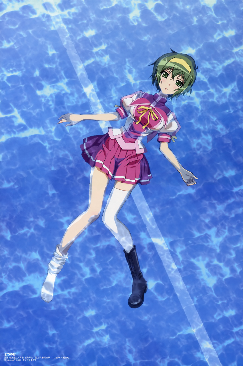1girl absurdres afloat aizawa_sumie amachi_matsuri boots comp_h's from_above green_eyes green_hair hairband highres legs official_art pool school_uniform short_hair single_shoe skirt solo thigh-highs water wet wet_clothes yotsunoha
