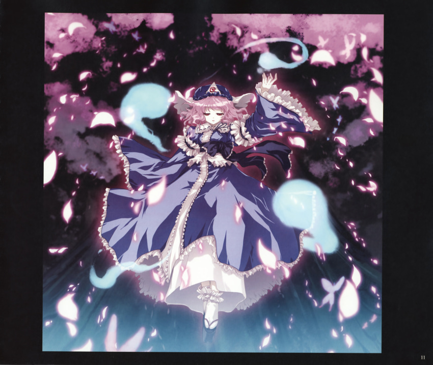 1girl absurdres butterfly cherry_blossoms female ghost hat highres petals pink_hair red_eyes saigyouji_yuyuko scan short_hair solo tokiame touhou