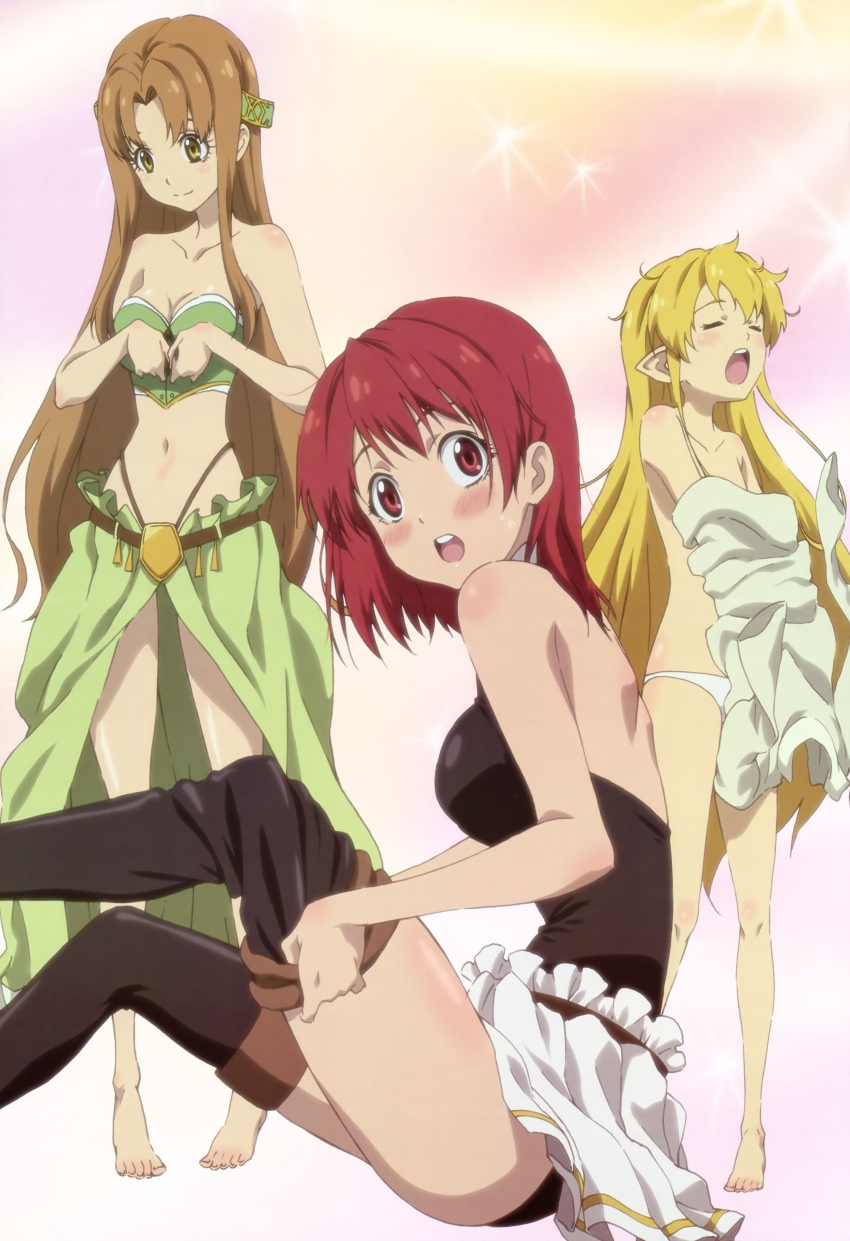 3girls absurdres aria_(seiken_no_blacksmith) blonde_hair blush breasts brown_hair cecily_cambell cleavage closed_eyes dressing duplicate highleg highres leotard lisa_(seiken_no_blacksmith) long_hair multiple_girls panties red_eyes redhead seiken_no_blacksmith short_hair thigh-highs underwear undressing very_long_hair