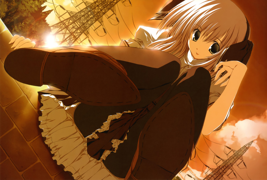 1girl absurdres blonde_hair dutch_angle h2o_footprints_in_the_sand hair_ribbon highres otoha pantyhose power_lines ribbon school_uniform shoe_soles shoes sitting solo sunset tsukinon yellow_eyes