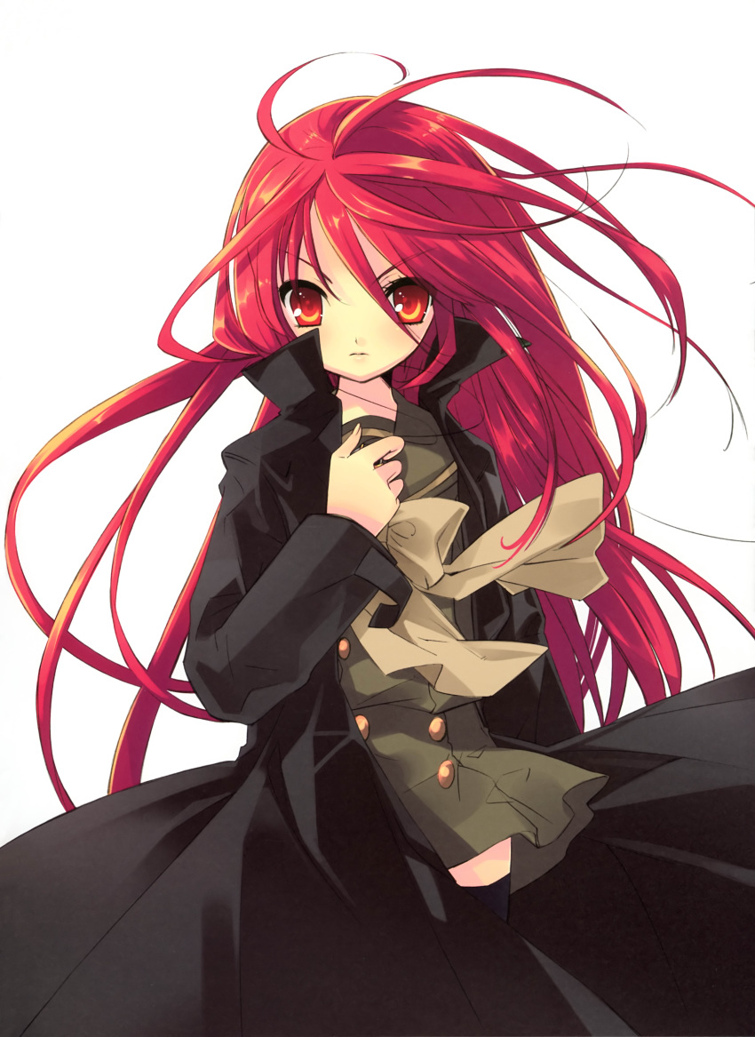 1girl absurdres alastor_(shakugan_no_shana) coat expressionless hand_on_own_chest highres incredibly_absurdres itou_noiji jewelry long_hair necklace pendant red_eyes redhead school_uniform shakugan_no_shana shana skirt solo thigh-highs very_long_hair zettai_ryouiki