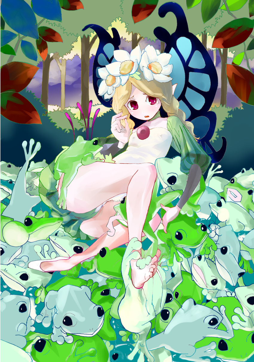 1girl absurdres ado_(adonki) bad_id barefoot blonde_hair blush braid butterfly_wings donkii_(pixiv) fairy feet flat_chest flower frog hair_flower hair_ornament highres mercedes odin_sphere panties pointy_ears red_eyes single_shoe skirt solo spread_toes tears toes twin_braids underwear upskirt wings