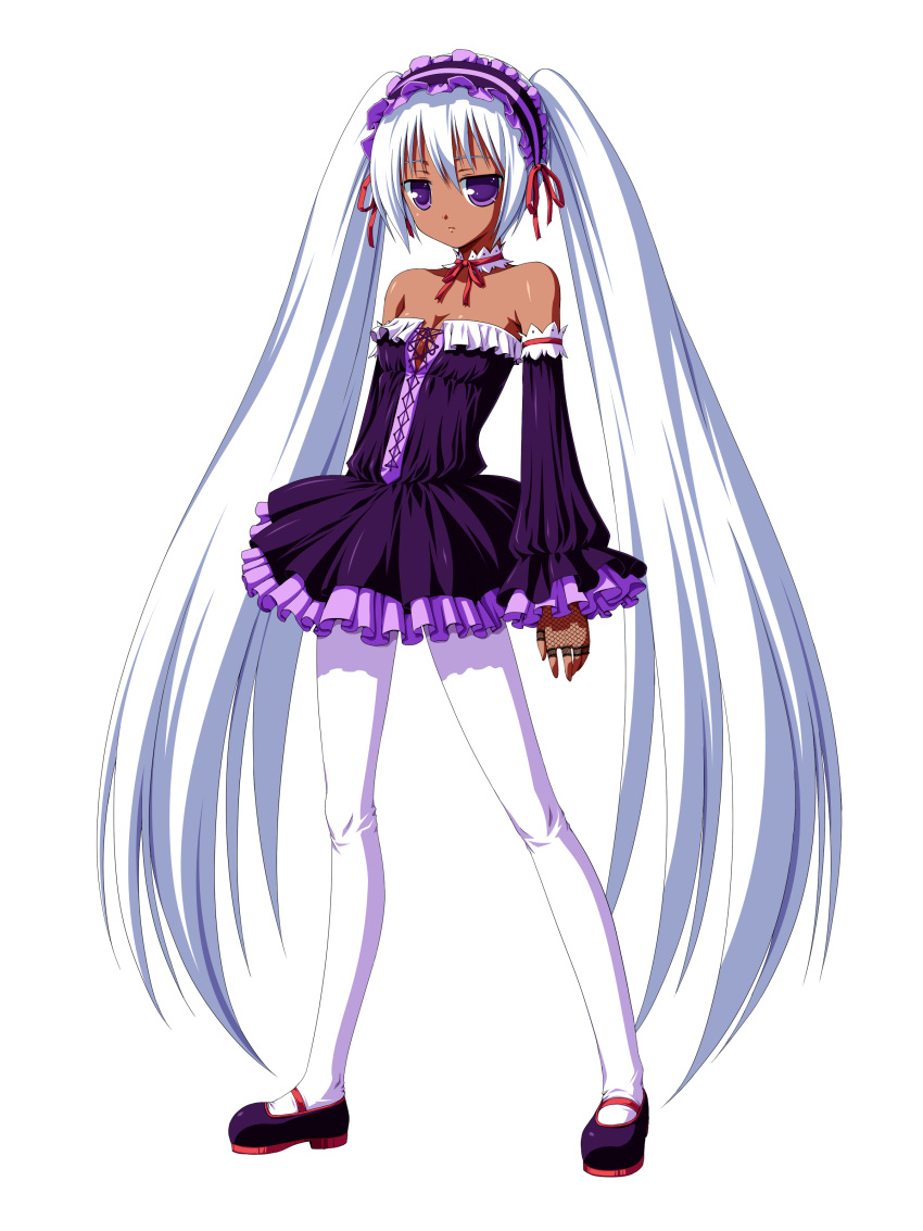1girl absurdres bare_shoulders dark_skin detached_sleeves dress fingerless_gloves flat_chest gloves gothic gothic_lolita highres legs lolita_fashion long_hair md5_mismatch pantyhose small_breasts solo strapless strapless_dress transparent_background twintails very_long_hair violet_eyes vocaloid white_hair white_legwear xai yamine_aku
