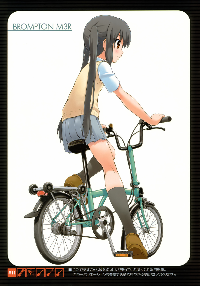 1girl absurdres bakutendou bicycle black_hair black_legwear blush brown_eyes female folding_bicycle footwear highres k-on! kneehighs long_hair nakano_azusa school_uniform shoes skirt smile socks solo tehepero twintails white_background