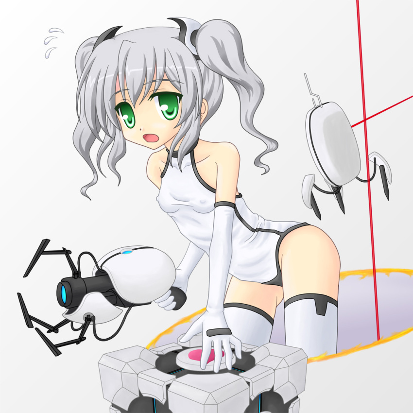 1girl aperture_science_handheld_portal_device breasts child cube elbow_gloves erect_nipples glados glados-tan gloves green_eyes gun heart noveske_n4 portal small_breasts sweatdrop thigh-highs turret_(portal) twintails valve weapon weighted_companion_cube white_hair white_legwear