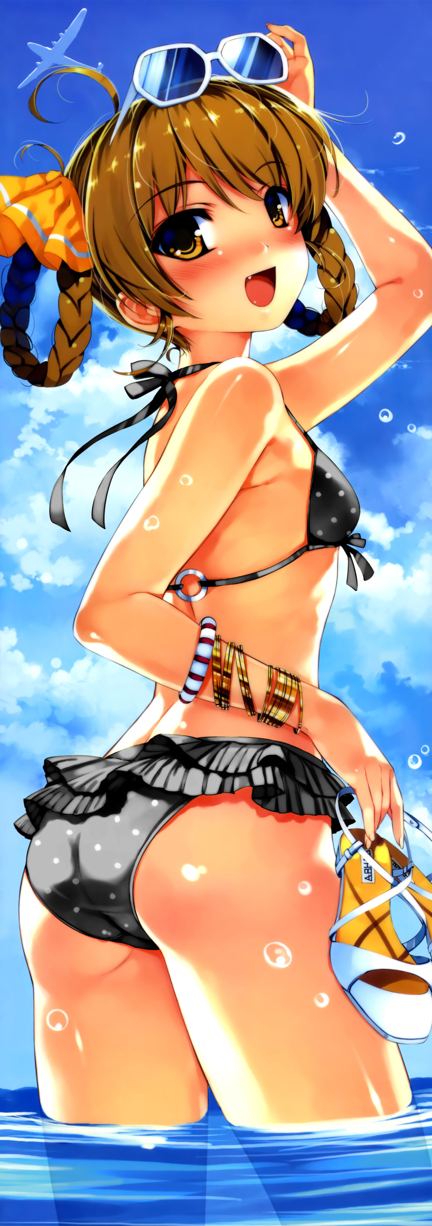 1girl :d absurdres airplane arm_up ass bare_shoulders bikini bikini_skirt black_bikini bracelet braid brown_eyes brown_hair chidori_minamo fang female flat_chest frilled_swimsuit frills highres holding holding_shoes jewelry long_image looking_at_viewer looking_back lots_of_jewelry midriff misaki_kurehito o-ring_top one_eye_closed open_mouth polka_dot polka_dot_bikini polka_dot_swimsuit scan shiny shiny_skin shoes smile smile_cubic! solo string_bikini submerged suiheisen_made_nan_mile? sumairu_cubic! sunglasses sunglasses_on_head swimsuit tall_image twin_braids wading water