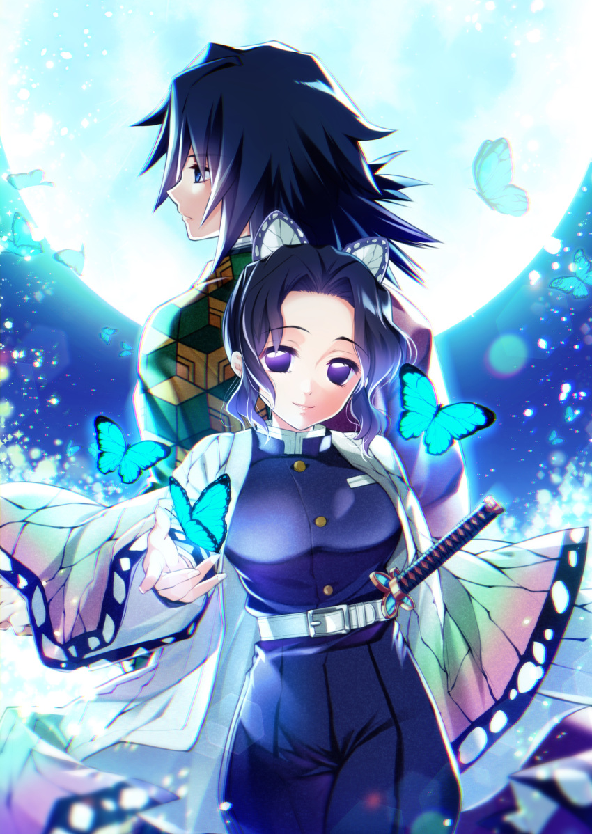 1boy 1girl back-to-back belt belt_buckle black_hair black_jacket blue_eyes breasts buckle bug butterfly butterfly_hair_ornament buttons closed_mouth commentary_request eyebrows_visible_through_hair forehead glowing gradient_hair hair_ornament haori highres insect jacket japanese_clothes katana kimetsu_no_yaiba kochou_shinobu large_breasts lips long_hair long_sleeves looking_at_viewer looking_away looking_to_the_side moon multicolored_hair open_clothes outdoors purple_hair scabbard sheath sheathed short_hair smile sword tomioka_giyuu tsurugi_hikaru two-tone_hair uniform violet_eyes weapon white_belt