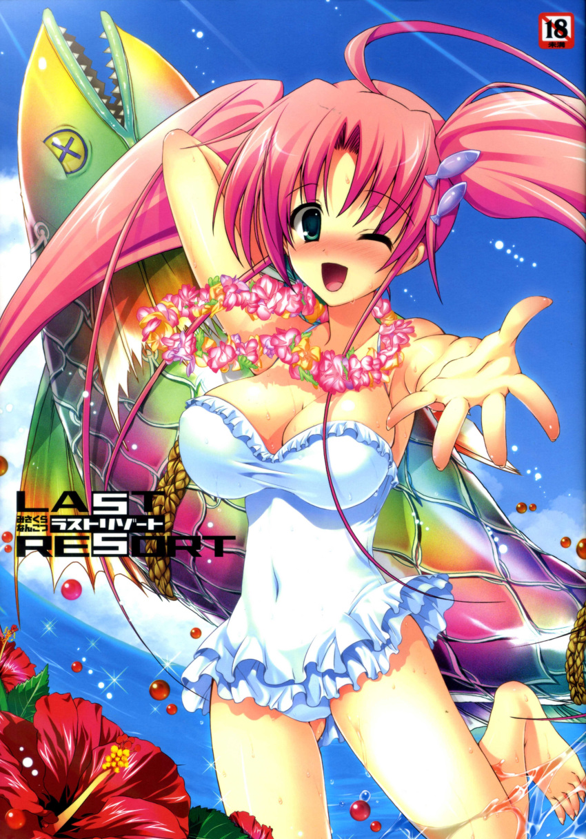 1girl ;d absurdres ahoge arm_behind_head arm_up barefoot blush breasts casual_one-piece_swimsuit cleavage covered_navel fish flower foreshortening frilled_swimsuit frills green_eyes hair_ornament hands hibiscus highres huge_ahoge misakura_nankotsu one-piece_swimsuit one_eye_closed open_mouth outstretched_arm smile solo swimsuit twintails water white_swimsuit wink