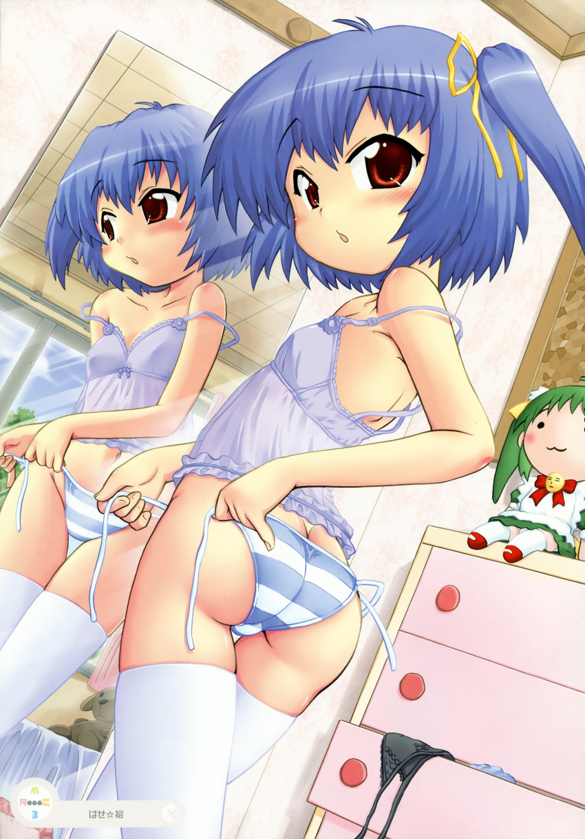 1girl absurdres ass black_lemon-chan blue_hair blush butt_crack camisole child churuya doll dressing dutch_angle flat_chest from_behind hair_ribbon hase_yu highres lingerie looking_back melonbooks midriff mirror navel panties red_eyes reflection ribbon short_hair side-tie_panties side_ponytail strap_slip striped striped_panties stuffed_animal stuffed_toy teddy_bear thigh-highs thigh_gap thighs trefoil underwear underwear_drawer undressing