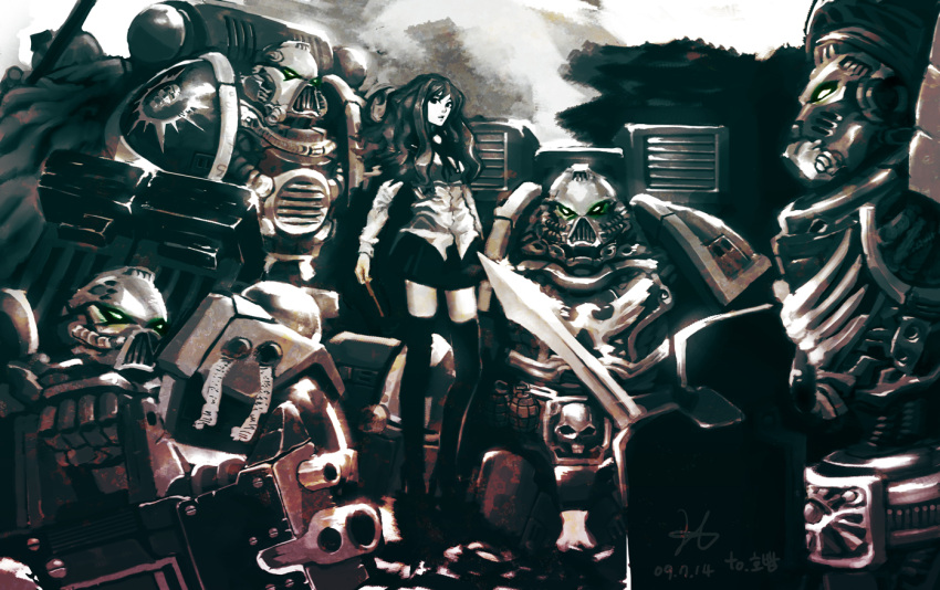 1girl adeptus_astartes armor artist_request bolter cape crossover everyone gun helmet heresy korean long_hair louise_francoise_le_blanc_de_la_valliere purity_seal shield size_difference skirt space_marines sword thigh-highs wand warhammer_40k weapon zero_no_tsukaima zettai_ryouiki