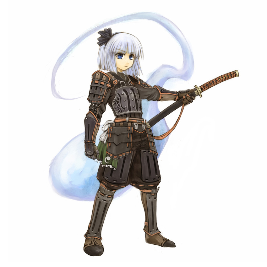 1girl armor blue_eyes cervus female final_fantasy final_fantasy_xi full_body ghost hairband highres katana konpaku_youmu konpaku_youmu_(ghost) sheath sheathed short_hair silver_hair simple_background solo sword the_iron_of_yin_and_yang touhou weapon white_background