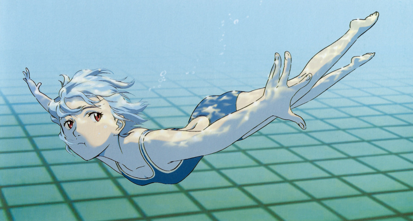 1girl :t absurdres ayanami_rei barefoot blue_hair blue_swimsuit bubble flat_chest foreshortening from_side hands highres holding_breath neon_genesis_evangelion one-piece_swimsuit outstretched_arms pale_skin pool red_eyes scan short_hair small_breasts solo spread_arms swimming swimsuit tsurumaki_kazuya underwater