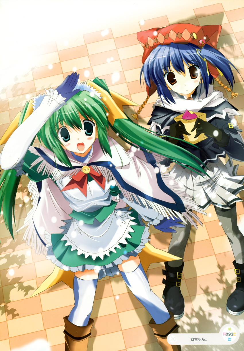 2girls :d absurdres animal_hat aqua_eyes arm_up bag black_lemon-chan blue_hair blush boots bow checkered checkered_floor coat eating floor food from_above gloves green_eyes green_hair hair_ribbon happy_birthday_(artist) hat highres knee_boots long_hair looking_up maid maruchan. melon-chan melonbooks multiple_girls open_mouth orange_eyes outdoors pantyhose perspective pleated_skirt ponytail ribbon scan school_uniform shading_eyes shadow shawl short_hair side_ponytail skirt smile smiley_face standing thigh-highs twintails white_legwear yellow_bow zettai_ryouiki